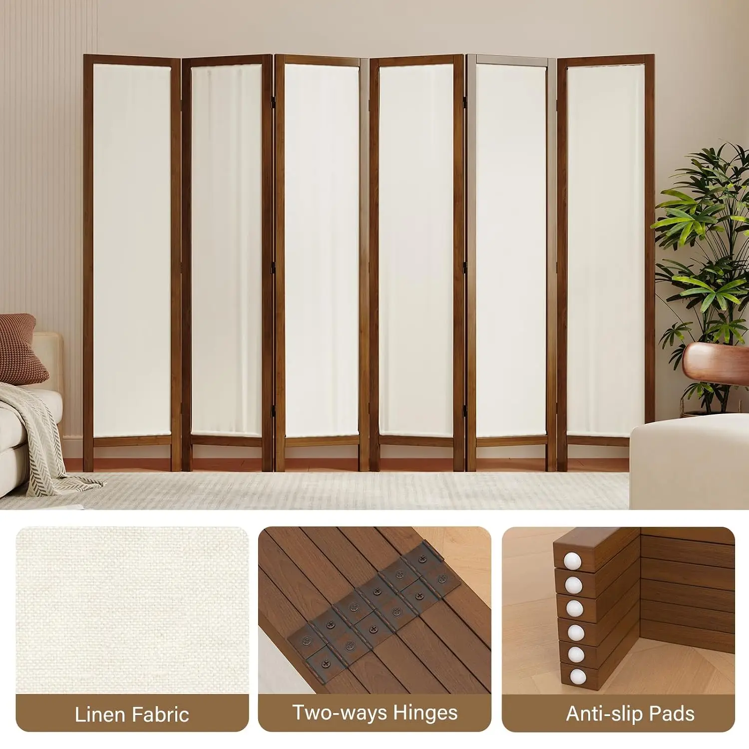 Linen Room Divider Privacy Screen Foldable Wood Frame Partition with Removable Fabric Curtain Panel Zero Assembly Home Office St