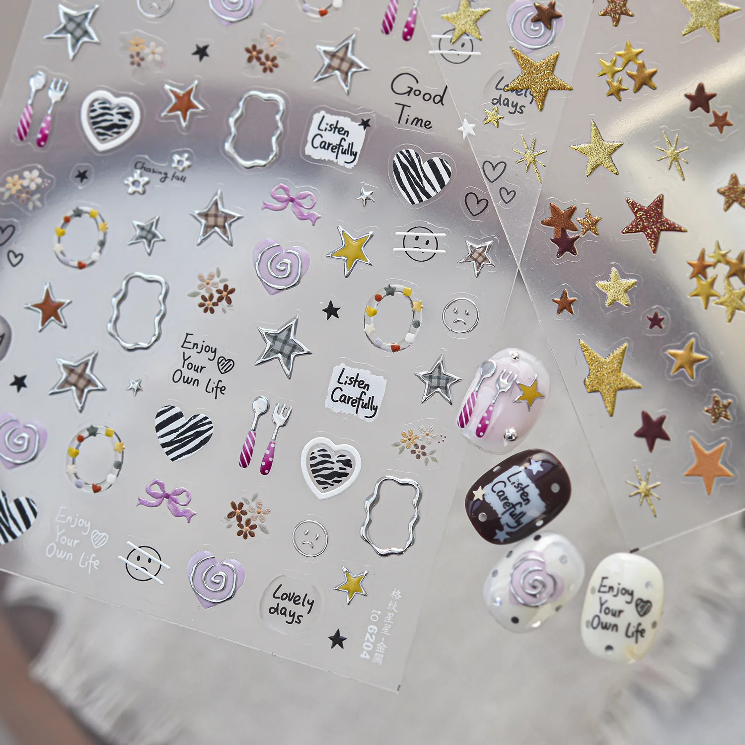 Kawaii Sweet Style 5D Nail Decals Cartoon Metal Star Bow Zebra Print Heart Donut Cutlery Lollipop Irregular Frame Nail Stickers