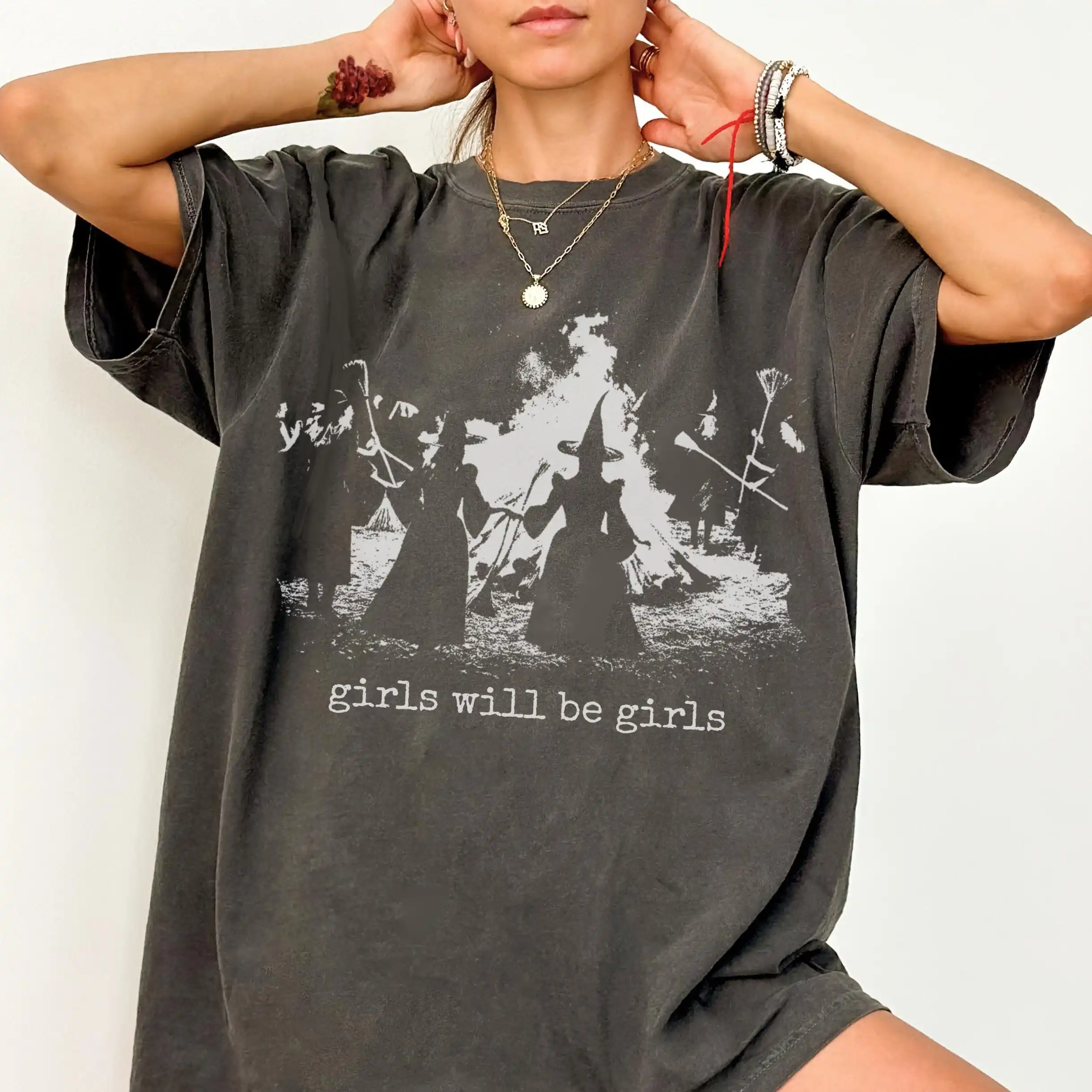 Vintage Girls Will Be Girls Shirt, Feminist Witch Shirt, Witchy Graphic Tee, Dark Humor Feminist Crop, Spooky Witch Tee