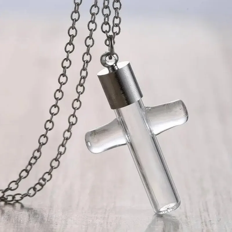 Mini Cremation Cross Glass Cremation Jewelry for Ashes Necklace Stainless Steel Keepsake Pendants Memorial Jewelry for Ashes