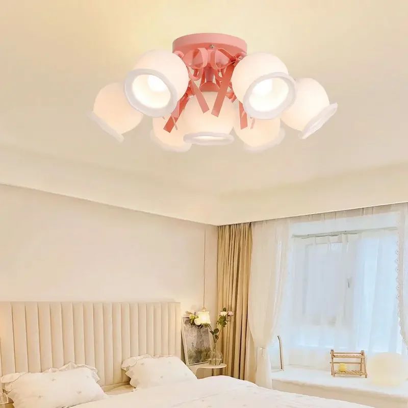 

Cream Bedroom Ceiling Light French Living Room Romantic Bow Warm Pink Light Fixture