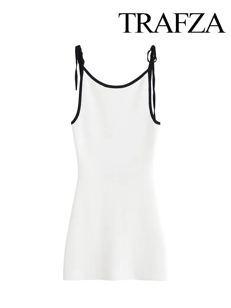 

TRAFZA Women Summer Fashion Versatile Solid Round Neck Contrast Bow Decoration Mini Dress Female Sexy Backless Slim Sling Dress