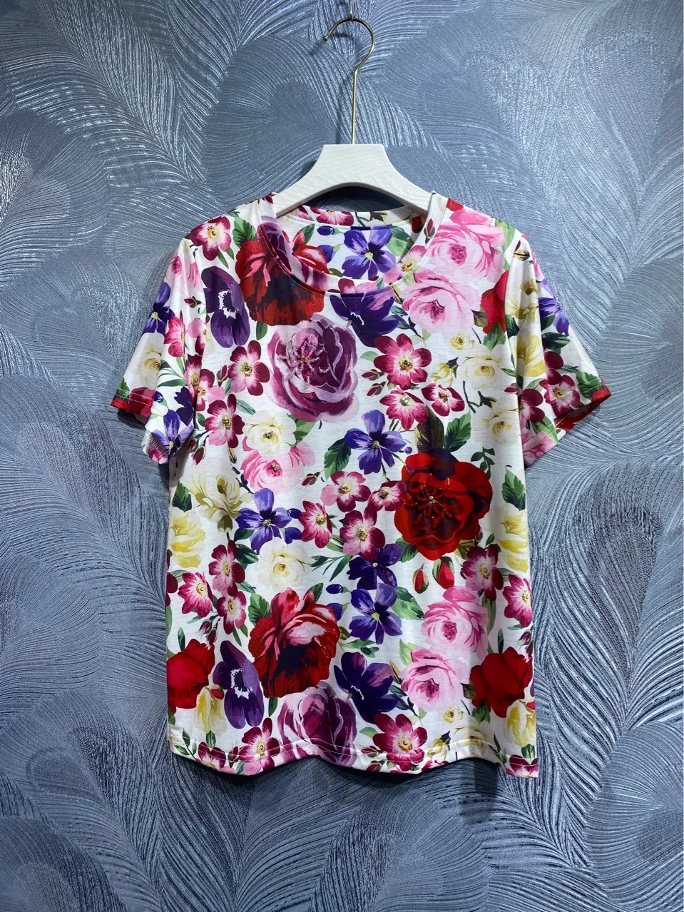 2023 Summer Fashion Women's High Quality Floral Print Beading T-shirt Tee Tops B583