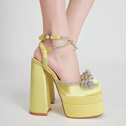 Disco Dance Pumps Buckle Chunky Women Sandal Butterfly-knot Rhinestone Decoration Silk 15CM Square Heels Banquet Women's Shoes