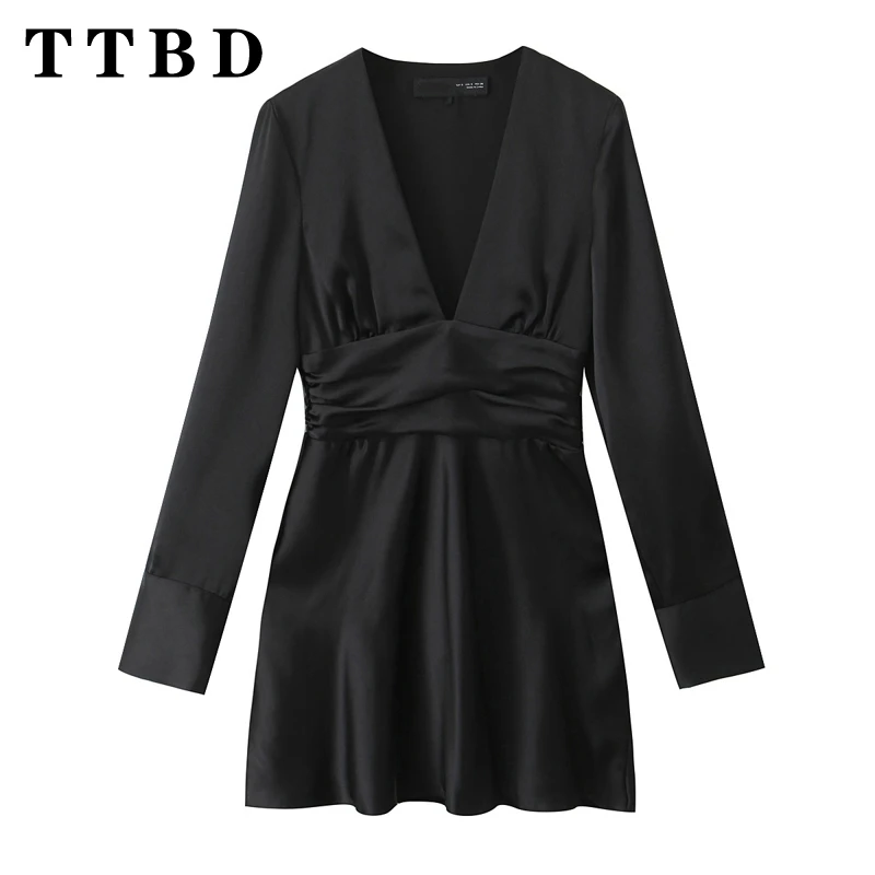 Ttbd 2024 Nieuwe Zomer Dames Pyjama Stijl Jurken V-Hals Lange Mouw Sexy Losse Pasvorm Mini Robe Casual Vrouw Top