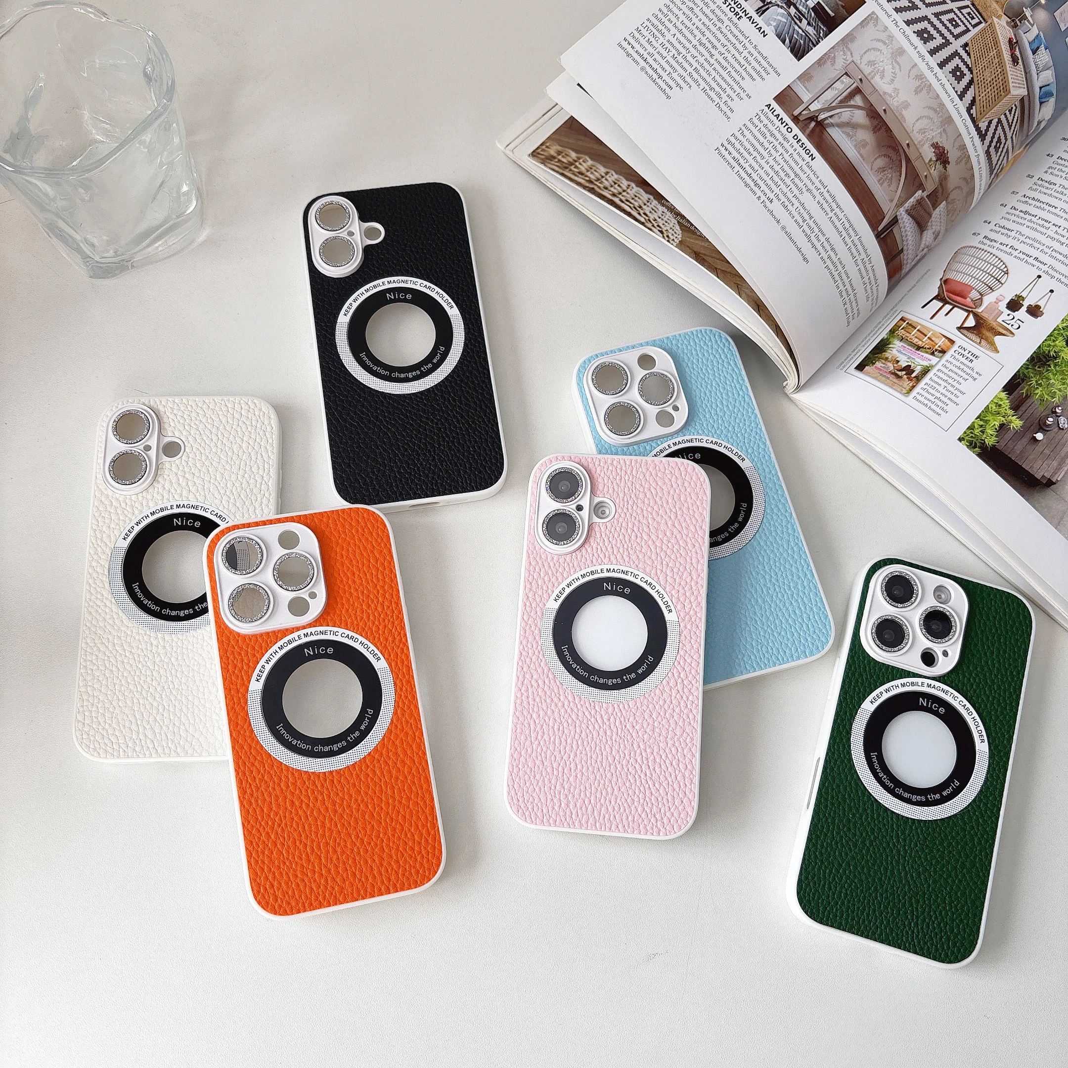 For Iphone 13 14 15 16 Pro Max Plus Sparkling Lens Lychee Pattern Magnetic Leather Phone Case Cover Protetor