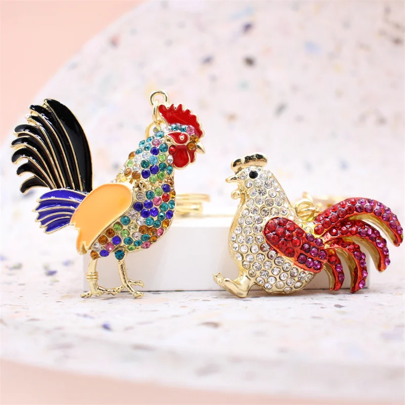 Luxury Rooster Keychains Women Rhinestone Hen Car Key Chain Metal Pendant Chicken Keyring Holder Female Bag Accessories