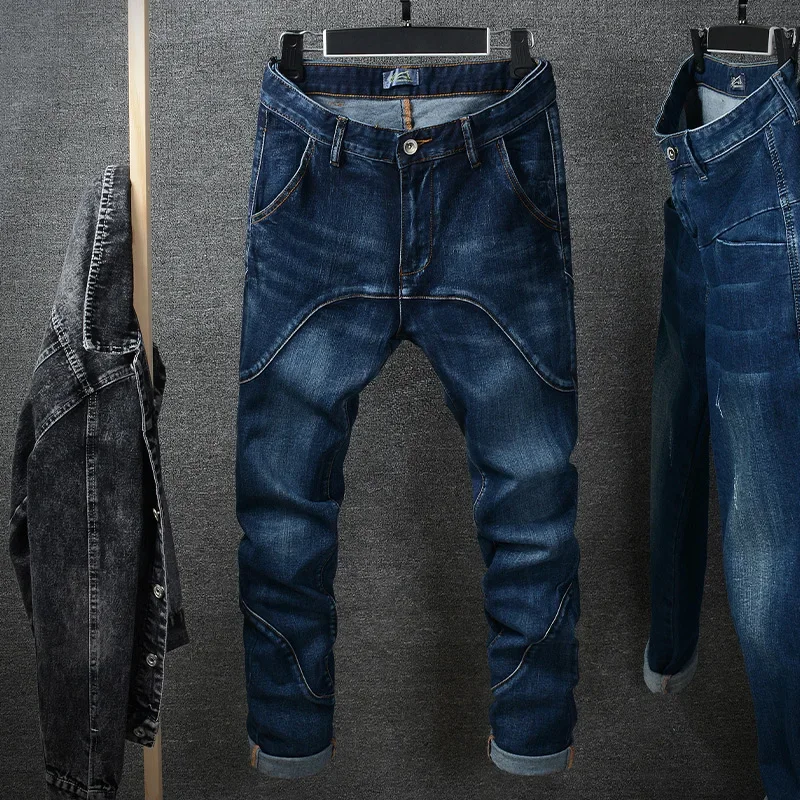 

Pop Autumn New Men's Patchwork Jeans Fashion Slim Stretch Trousers Personality Streetwear Hip Hop Male Denim Pants