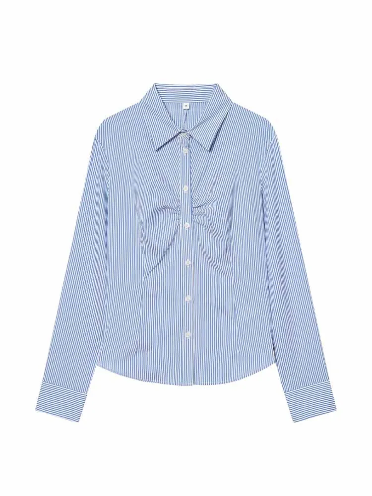 HH mujer primavera desplazamientos moda solapa manga larga decoración plisada Slim Fit camisa versátil mujer Casual Tops cómodos