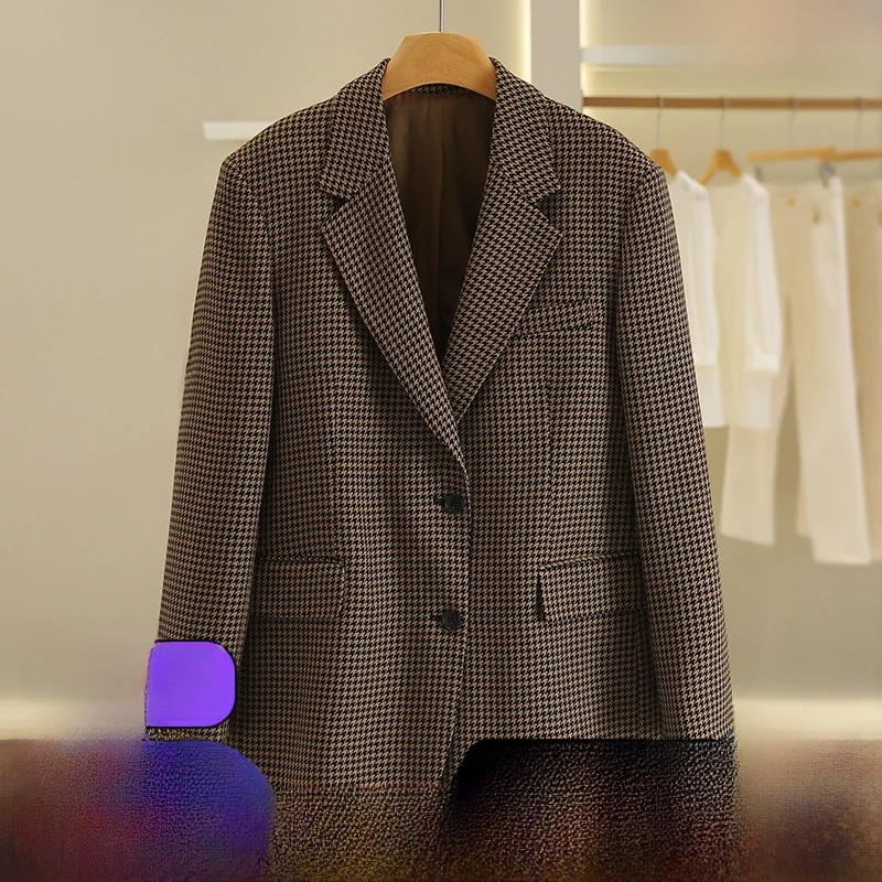 

00 шерстяной клетчатый костюм Jaet, женский повседневный костюм для поездок на работу, длинное пальто све, классическое пальто на одной пуговице, длина обычного размера