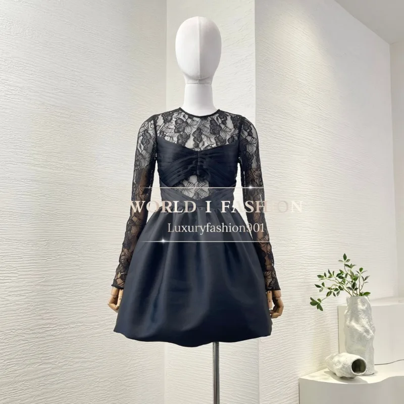 שמלות מיני בגזרה ארוכה עם שרוולים ארוכים וחור בגב משולב תחרה שחורה למסיבה איכות גבוהה סגנון אופנה חדש לשנת 2025