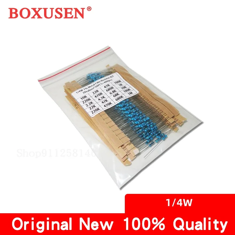 20values*20PCS=400PCS 1/4W 10ohm - 1Mohm 1% 1K/10K/4.7K/470/680 ohm electronic resistors 1/4W Metal Film Resistor Assortment Kit