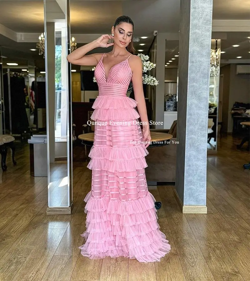 Qunque Pink Spaghetti Straps Prom Dresses Skirt Tiered Customized Long Evening Gowns Ceremony Formal Party Wear Robes De Soirée