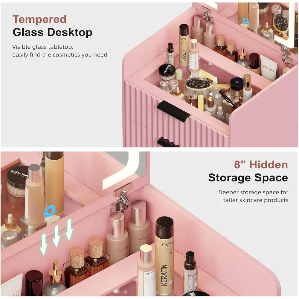 3 in 1 Small Vanity Desk with Plip Top Mirror & 3 Ders or Bedroom,Pink | Makeup Vanity with Visible Glass Desktop,Compact Vanity view 6