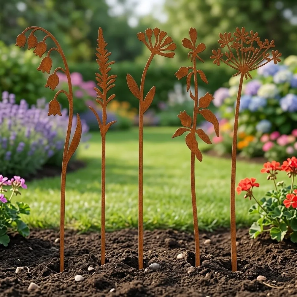 36cm Tall Metal Rust For garden Stake Pack 5pcs Weather Resistant Decorative Stakes for Outdoor For garden Use