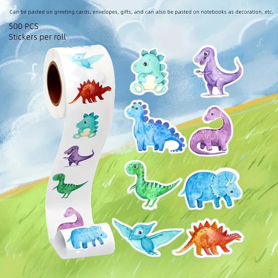 

500 шт./рулон, 1 дюйм (2,5 см), маленькие наклейки-этикетки в рулоне, наклейки с рисунком динозавров, наклейки для бутылок с водой и блокнотов, подарочная упаковка