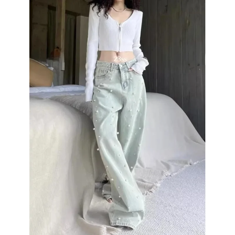 Korean Fashion Jeans for Women 2024Spring New Heavy Industry Beads Retro Washed High Waisted Jeans Wide Leg Mopping Pants Women