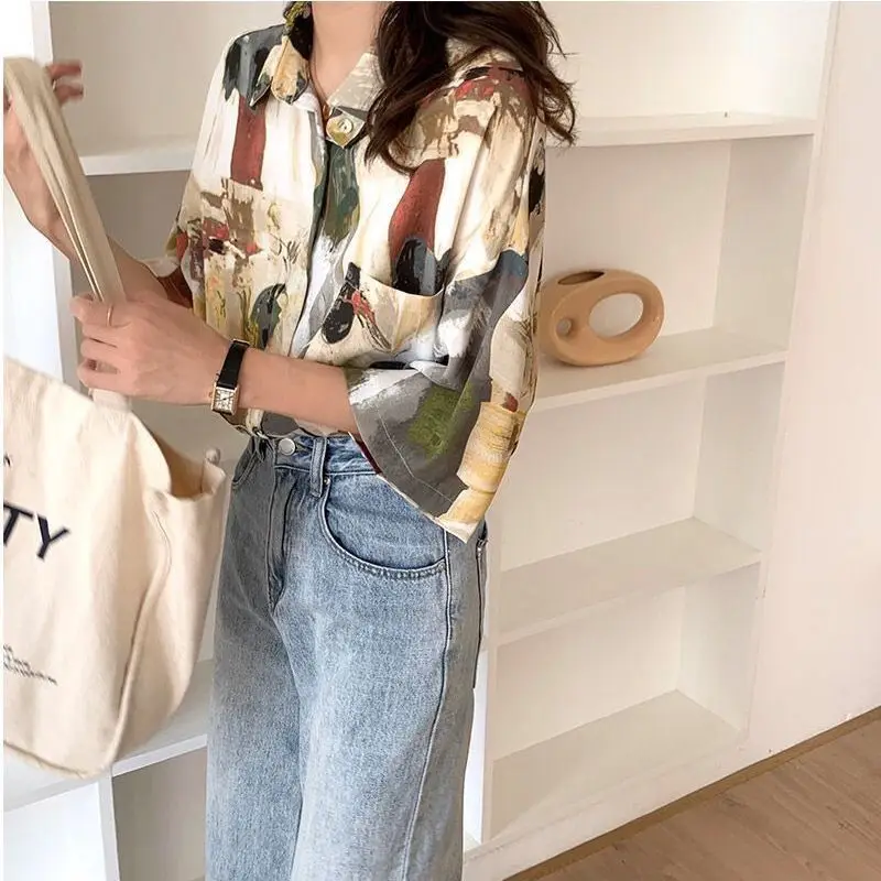Korean Thin Summer 2023 Women\'s Clothing Fashion Casual Loose Printing Button Short Sleeve Blouses Turn-down Collar Straight