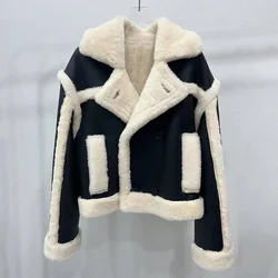 Chaqueta de piel de oveja auténtica para mujer, abrigos gruesos y cálidos de piel Vintage para otoño, prendas de vestir de piel de oveja a la moda, ZJ6056, 2024