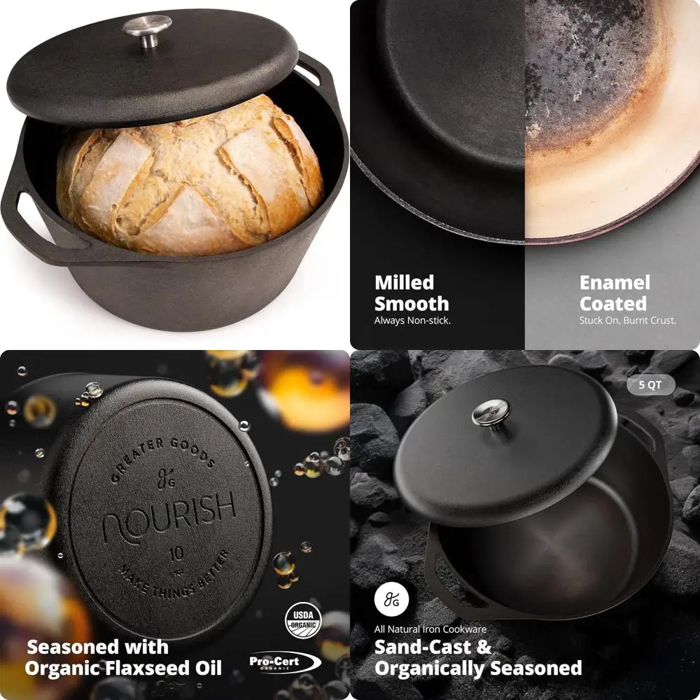 

Чугунная жаровня (5 кварт) с крышкой, гладкая фрезерованная поверхность, предварительно обработанная льняным маслом, сверхпрочная, для использования в духовке, с двумя ручками