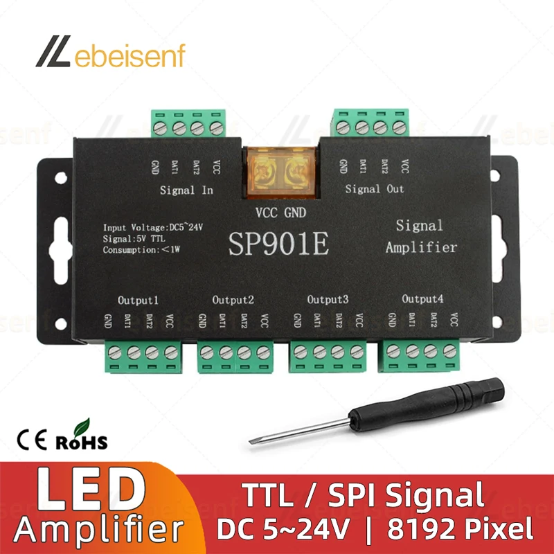 SP901E SPI Signal Amplifier for WS2811 WS2812B WS2813 Pixel RGB LED Strips Signal Repeater Addressable Dream Color Tape DC5-24V