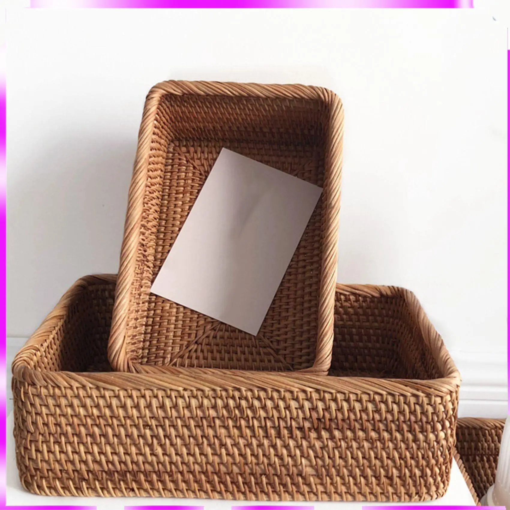 N98R 2X Hand-Woven Rectangular Rattan Wicker Basket Fruit Tea Snack Bread Picnic Cosmetic Box Kitchen Household Tools-L