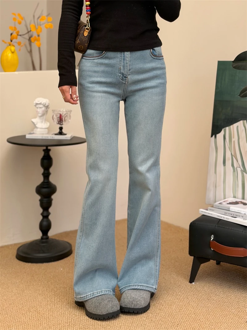 

Женские зимние джинсы-клеш с высокой талией, на флисовой подкладке, утепленные, облегающие, винтажные, в гонконгском стиле, джинсовые брюки MS.SUUPEER