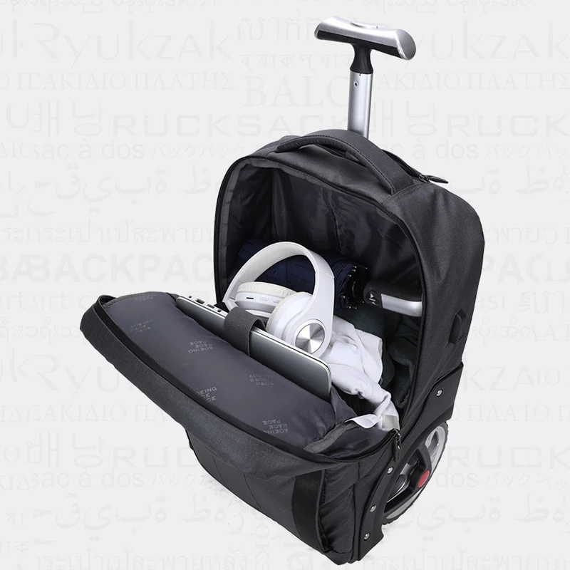 Mochila de viaje con ruedas para hombre, bolsa de equipaje rodante, mochila de negocios con ruedas, equipaje de cabina