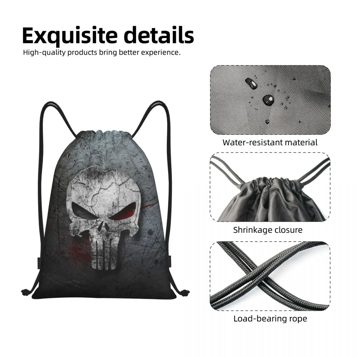 Mochila de cordão para homens e mulheres, sacola portátil, saco de ginástica, crânio esqueleto, punidores de metal pesado