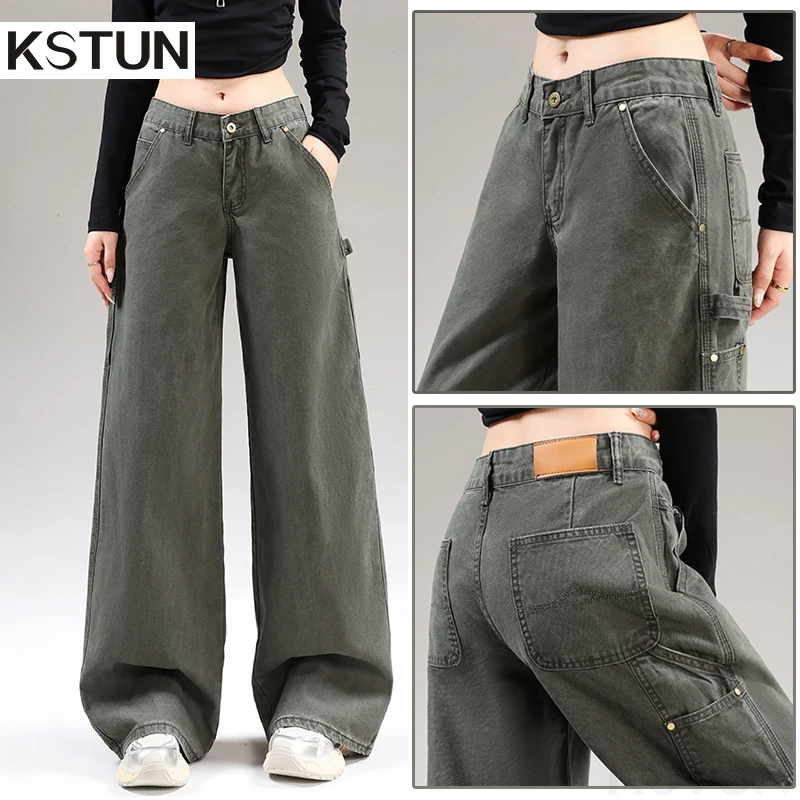 KSTUN Women Low-rise Green Jeans 100% Cotton Cargo Pants Straight Loose American Vintage Streetwear Patchwrok Boyfriend Jeans