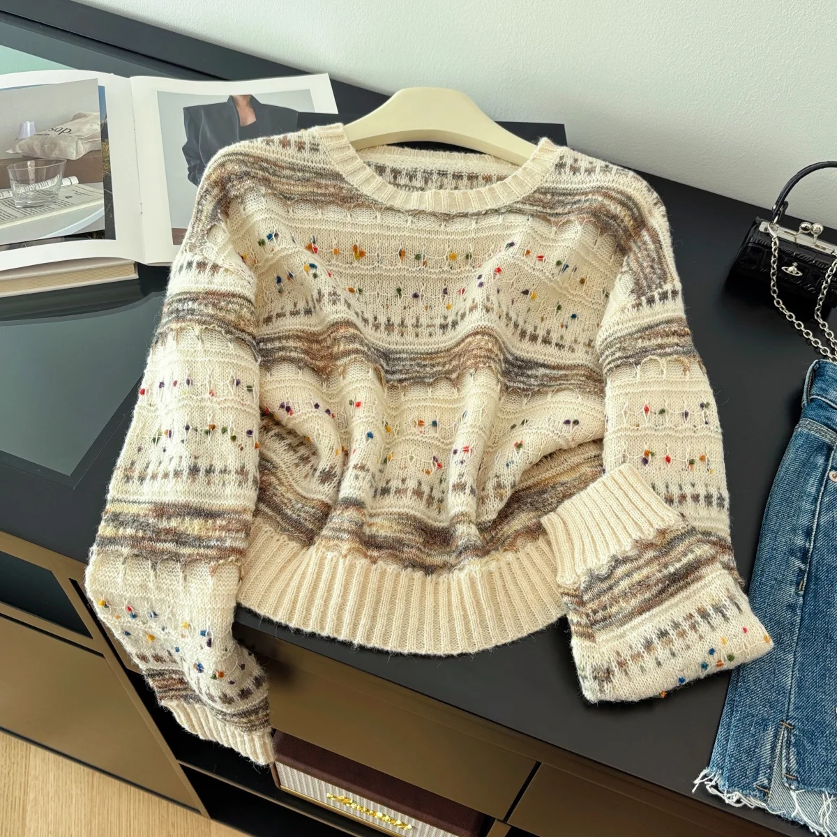 

Women's Apricot Fair Isle Pullover Sweater Vintage 2000s Jumper Knit Long Sleeves O-Neck Cashmere Sweater Spring Autumn Clothes