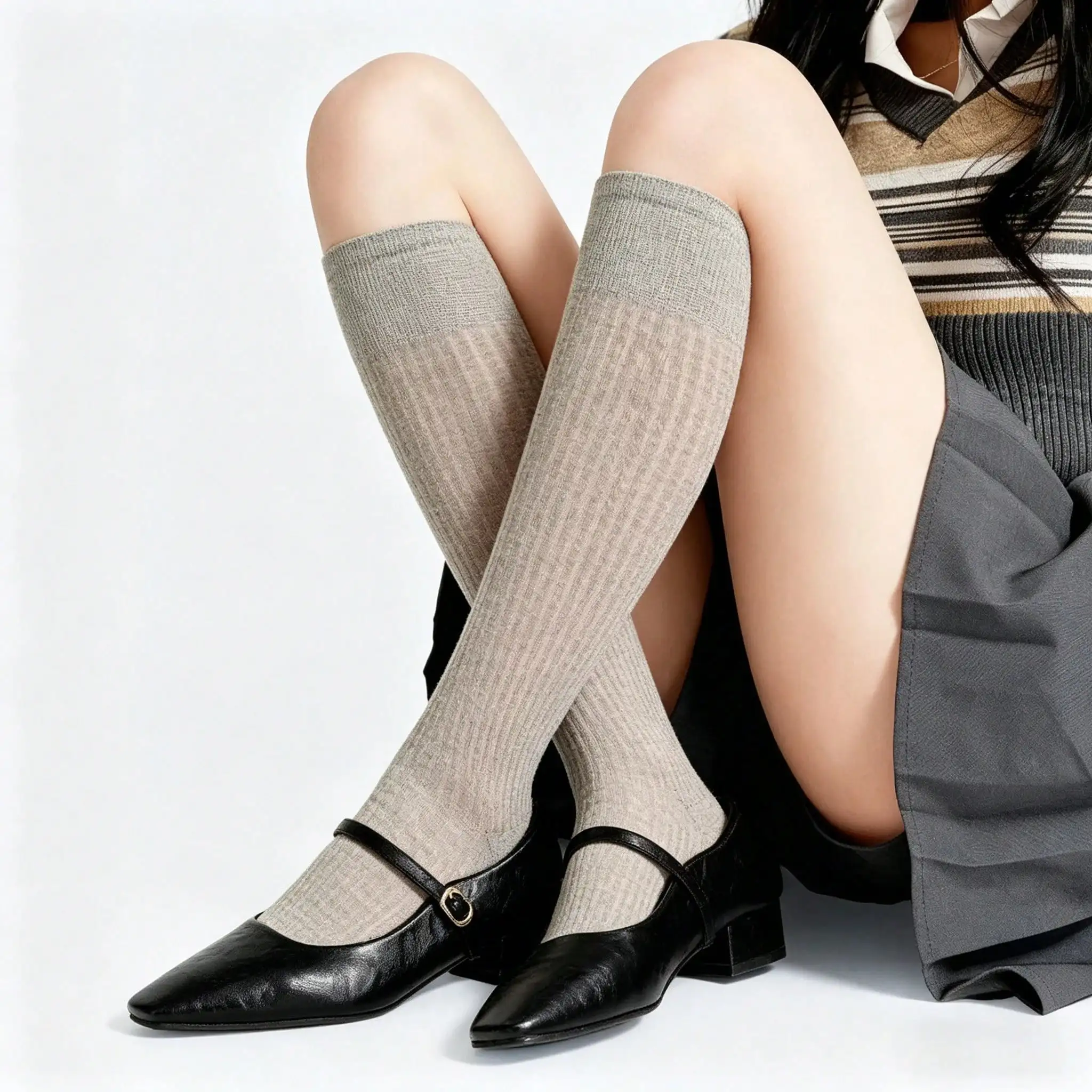 

Sweet White Long Socks 2026 New Vertical Stripes Stockings Women's Knee High Socks Summer Breathable Long Calf Socks