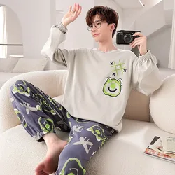 2024 New Men's Pajamas Long Sleeve Cotton Spring Autumn Sleepwear Cartoon Teen Student Round Collar Loungewear Winter Suits