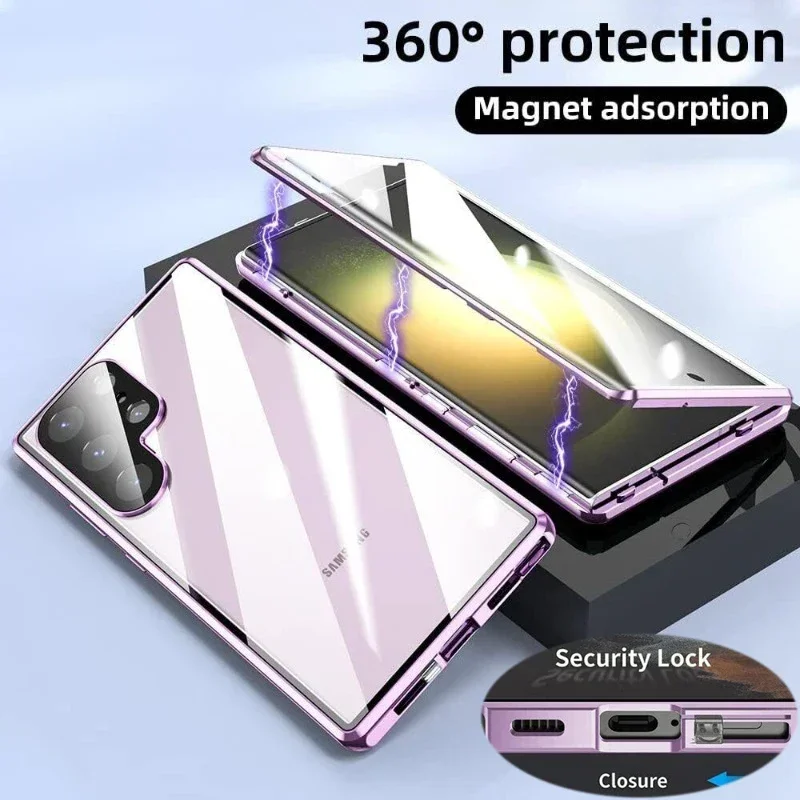 

Металлический двусторонний стеклянный чехол с замком и полной защитой для Samsung Galaxy S25 S22 S24 Ultra S23 FE S21 Plus Чехлы с объективом