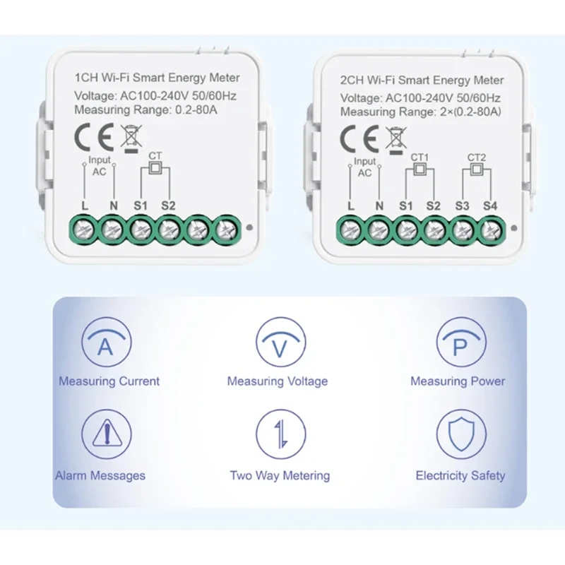 Tuya Smart WiFi Energy Meter Current Sensor Statistician 80A Home Power Monitor AC100-240V Single Phase Clamp 1CH-A32R