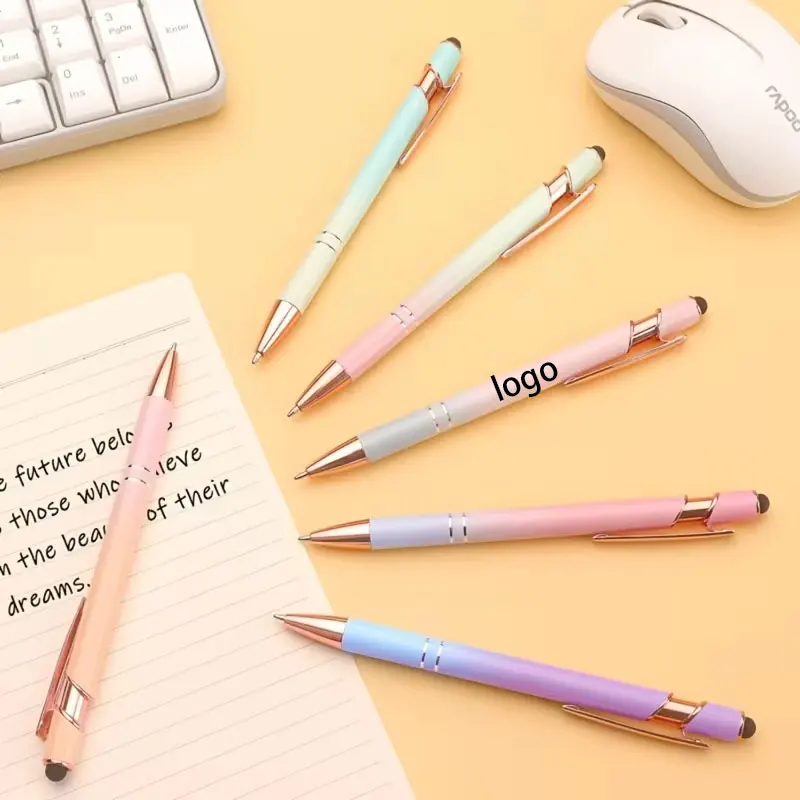 1 Piece Personalized Custom Logo Pen That Can Be Laser-Engraved with Name and Date, Two-In-One Retractable Ballpoint Pen with Touch Pen Tip, Metal Touch Pen, Metal Retractable Aluminum Pen, Can Be Printed with Logo, Rose Gold Gradient Color, Promotional Gift Pen, 1.0mm Black Ink, Suitable for Office and Study Writing Supplies
