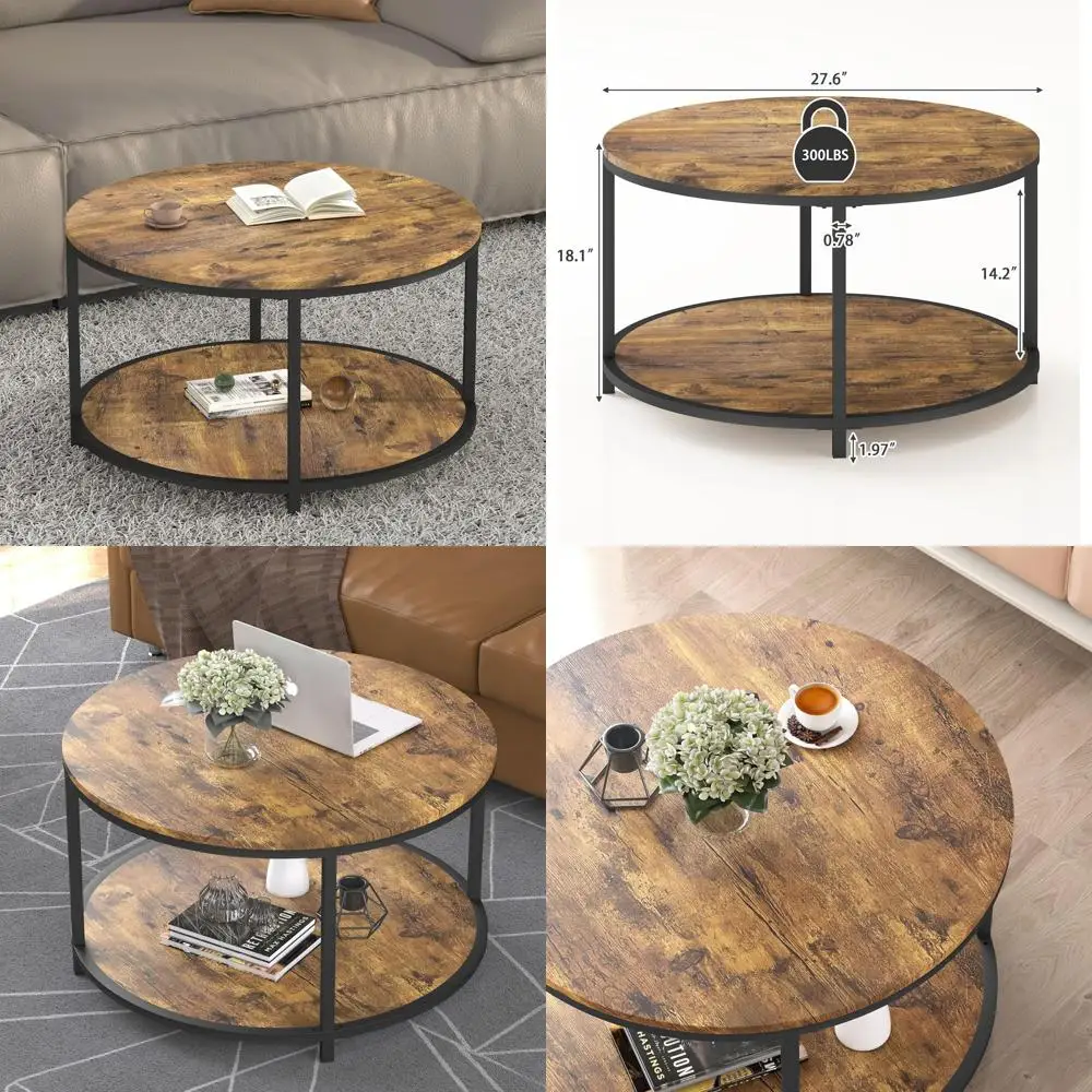 

Rustic 2-Tier Wooden Coffee Table with Storage Shelf for Living Room, 27.6 Diameter (Brown)