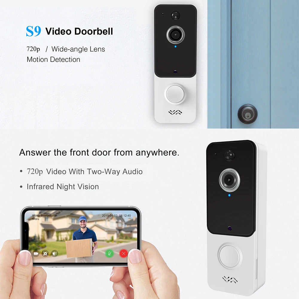 S9 Video Doorbell WIFI Wireless Doorbell 720P HD IR Night Vision Smart Home Cloud Storage Doorbell Security Video Door Bell