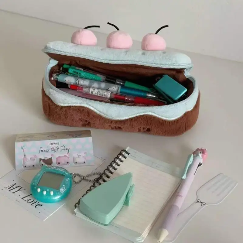 Kawaii Cherry Cake Fuzzy Plush Pencil Case Large Capacity Cute School Supplies Stationery Organizer Pouch Holder Student Gift view 4