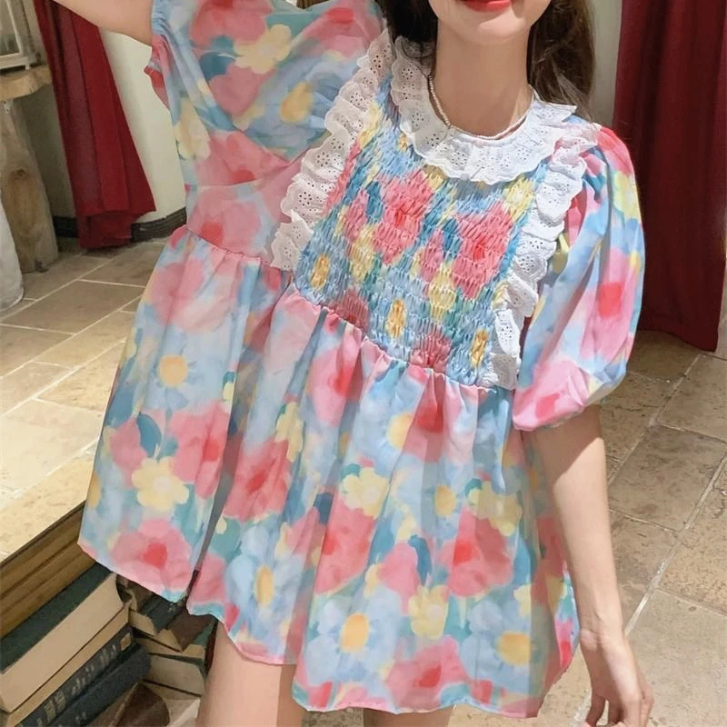 Sweet Lace Ruched Mini Dresses Pink Floral Oil Painting Dress Aesthetic Flower Peter Pan Collar Kawaii Vestidos Students Girls