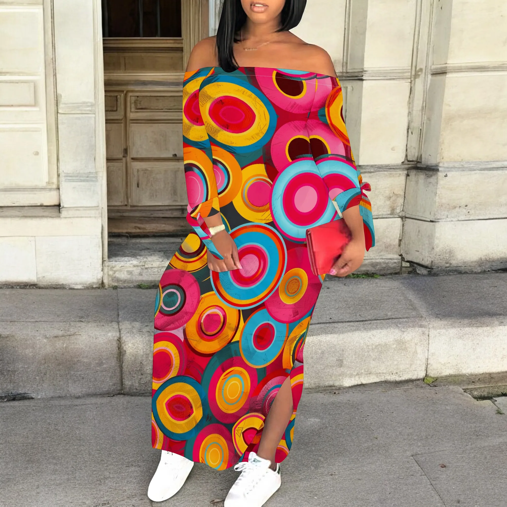 

Women's Boho Abstract Print Maxi Dress Off Shoulder Long Sleeve Loose Dress with Slit for Vacation Beach Wear S-3XL
