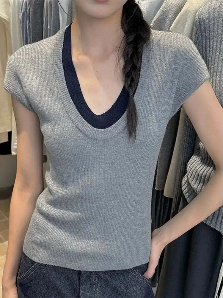 

Корейская стильная женская футболка с коротким рукавом, летняя коллекция 2025, приталенная, укороченная, с цветными вставками, модный топ