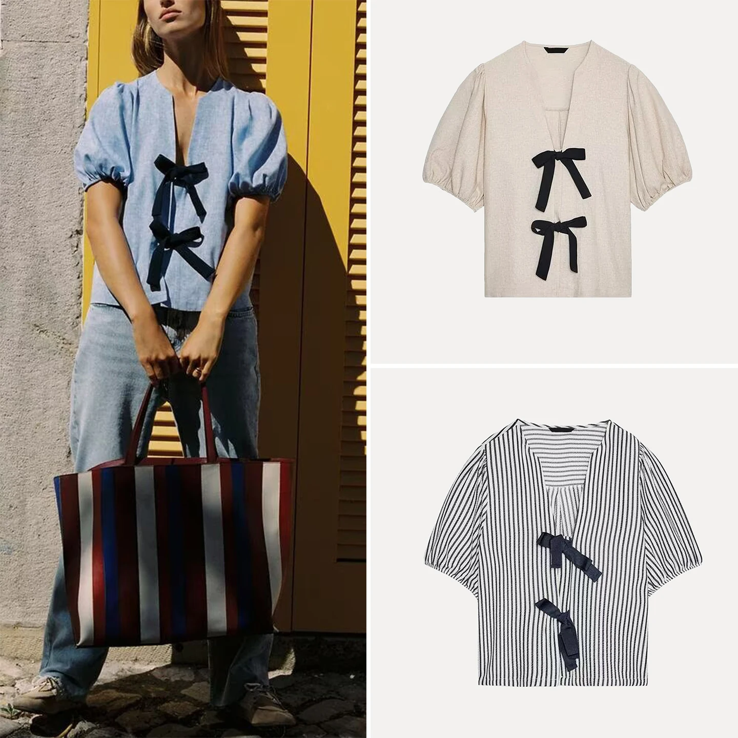 

Faionable Striped Blouse with Knot Design Women's Sle Personali Summer New Arrival Polyester Fiber V-ne o...