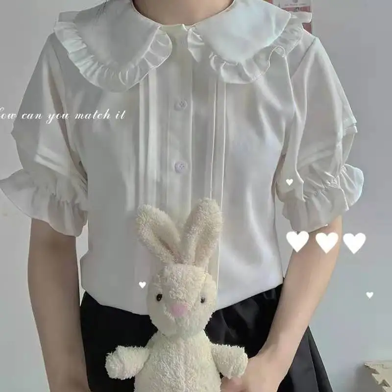 

Japanese Girl Cute Sister Wooden Ear Lolita Basic Short-Sleeved Underwear Jk Shirt Doll Collar Ingot Student