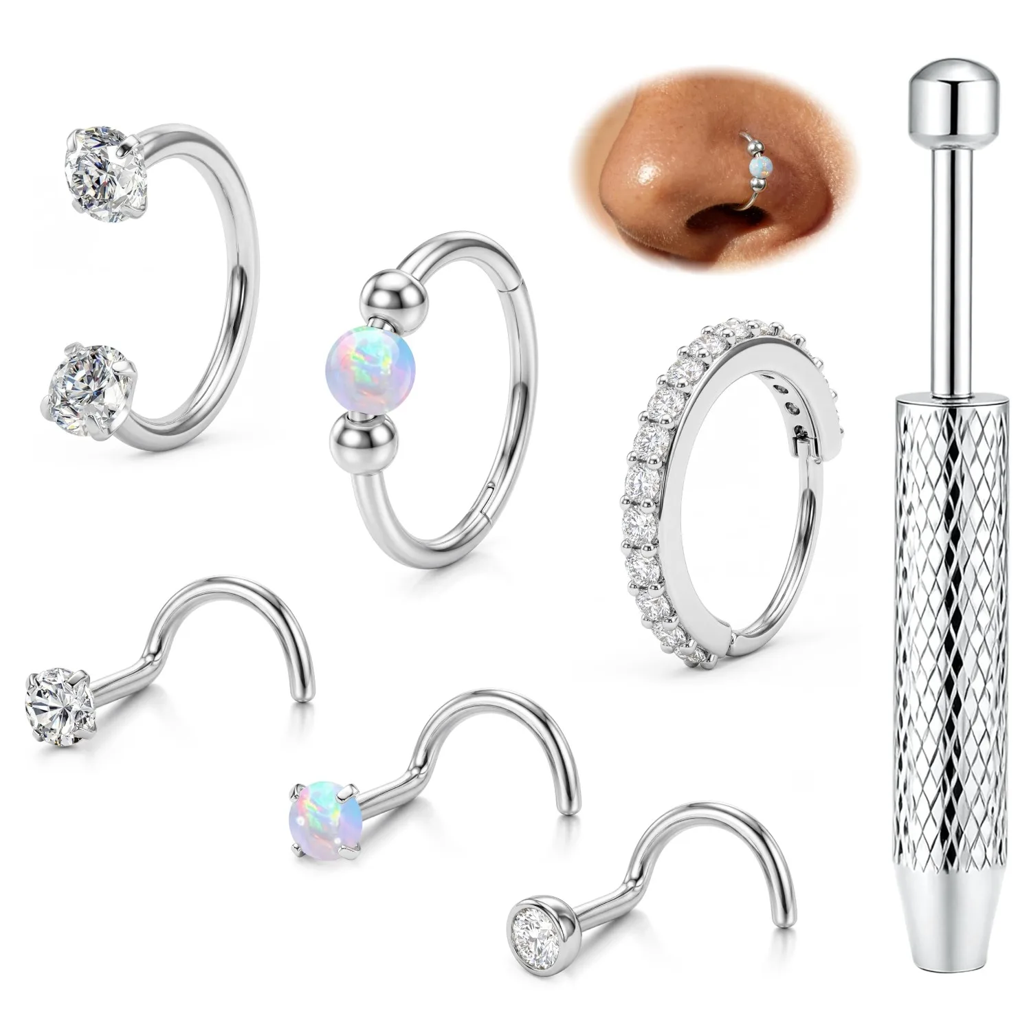 Bobisty Nasenringe für Frauen Edelstahl Hufeisenringe Nasenstecker CZ Opal 14K Vergoldet Helix Nasenloch-Piercing Schmuck