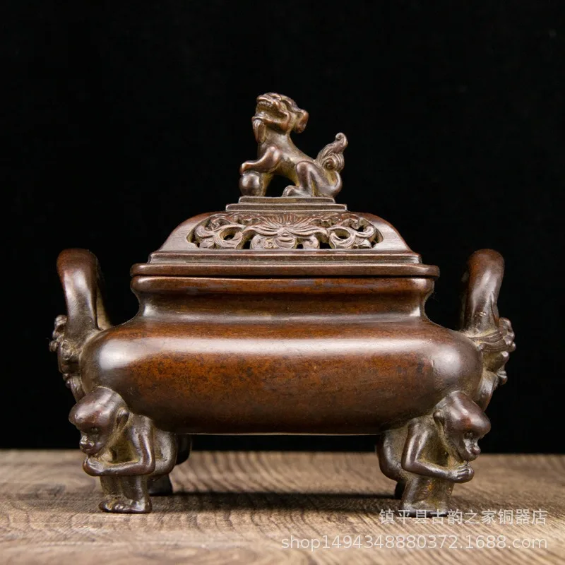 Pure Purple Copper Three Monkey Foot Double Chilong Ear Hollow Lid Dragon Knob Coil Incense Tower Burner H