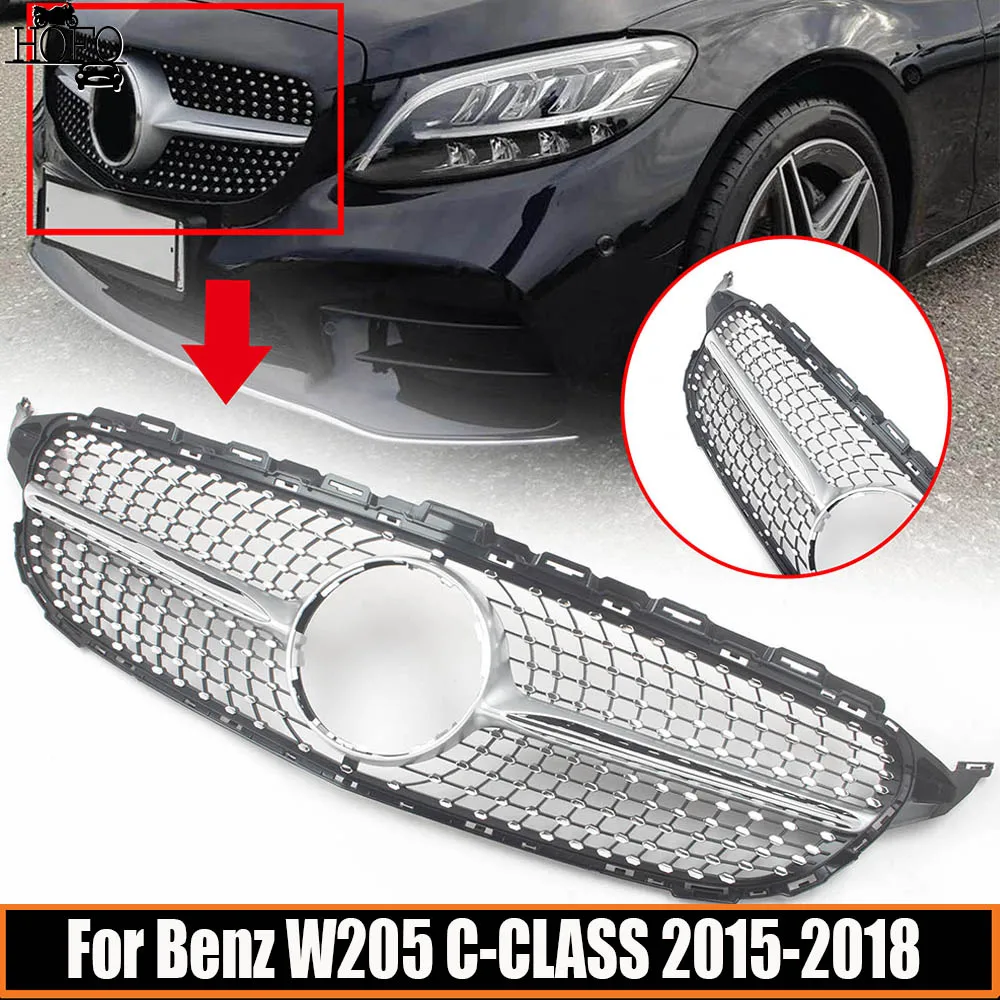 

For Benz W205 C-CLASS 2015 2016 2017 2018 Front Bumper Grille Hood Grill Black Chrome Silver ABS Plastic