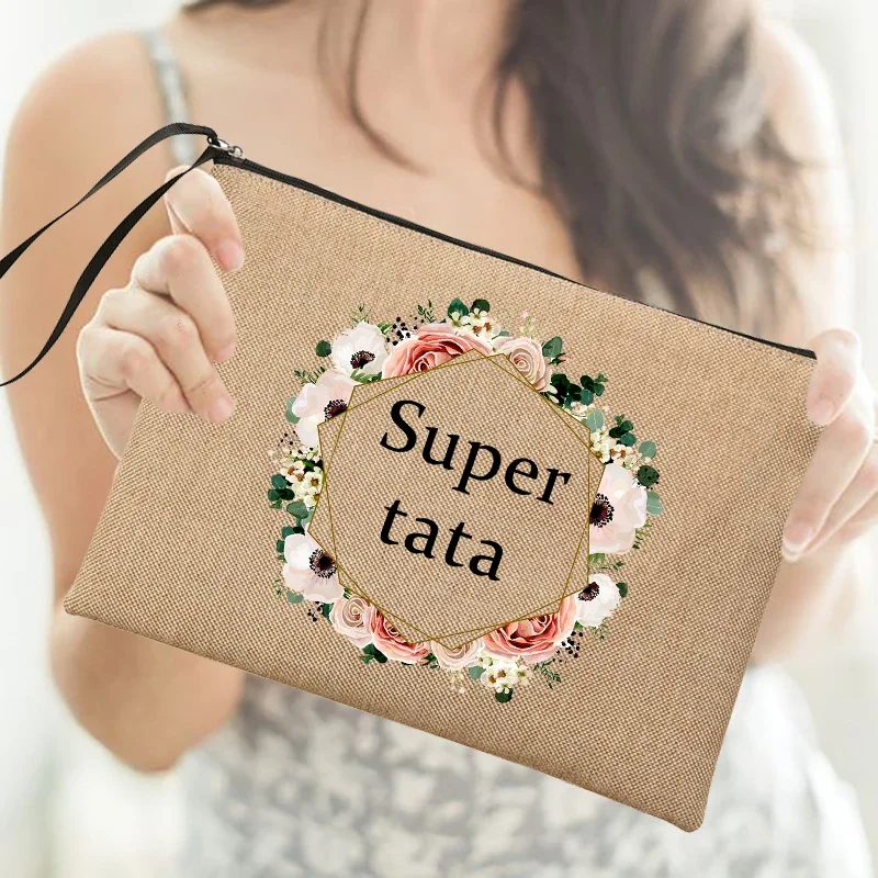 

Super Tata Wreath Print Linen Zipper Pouch Travel Toiletry Organizer Cosmetic Bag Women Neceser Makeup Bags Best Gifts for Tata