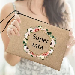 Super Tata Wreath Print  Linen Zipper Pouch Travel Toiletry Organizer Cosmetic Bag Women Neceser Makeup Bags Best Gifts for Tata