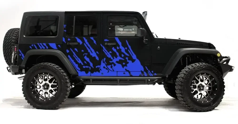 Factory Crafts Burst Side Graphics Kit  Vinyl Decal Wrap Compatible with Wrangler 4 Door 20072016  Azure Blue